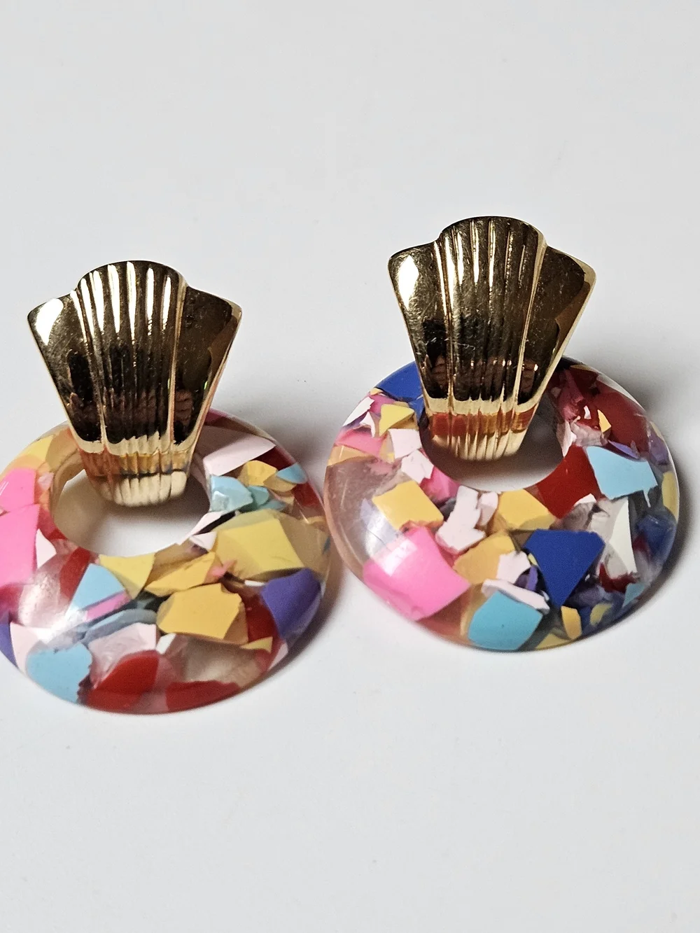 80s 90s KJL Kenneth J Lane Gold Multicolor Confetti Hoop Drop Earrings - Picture 2 of 10